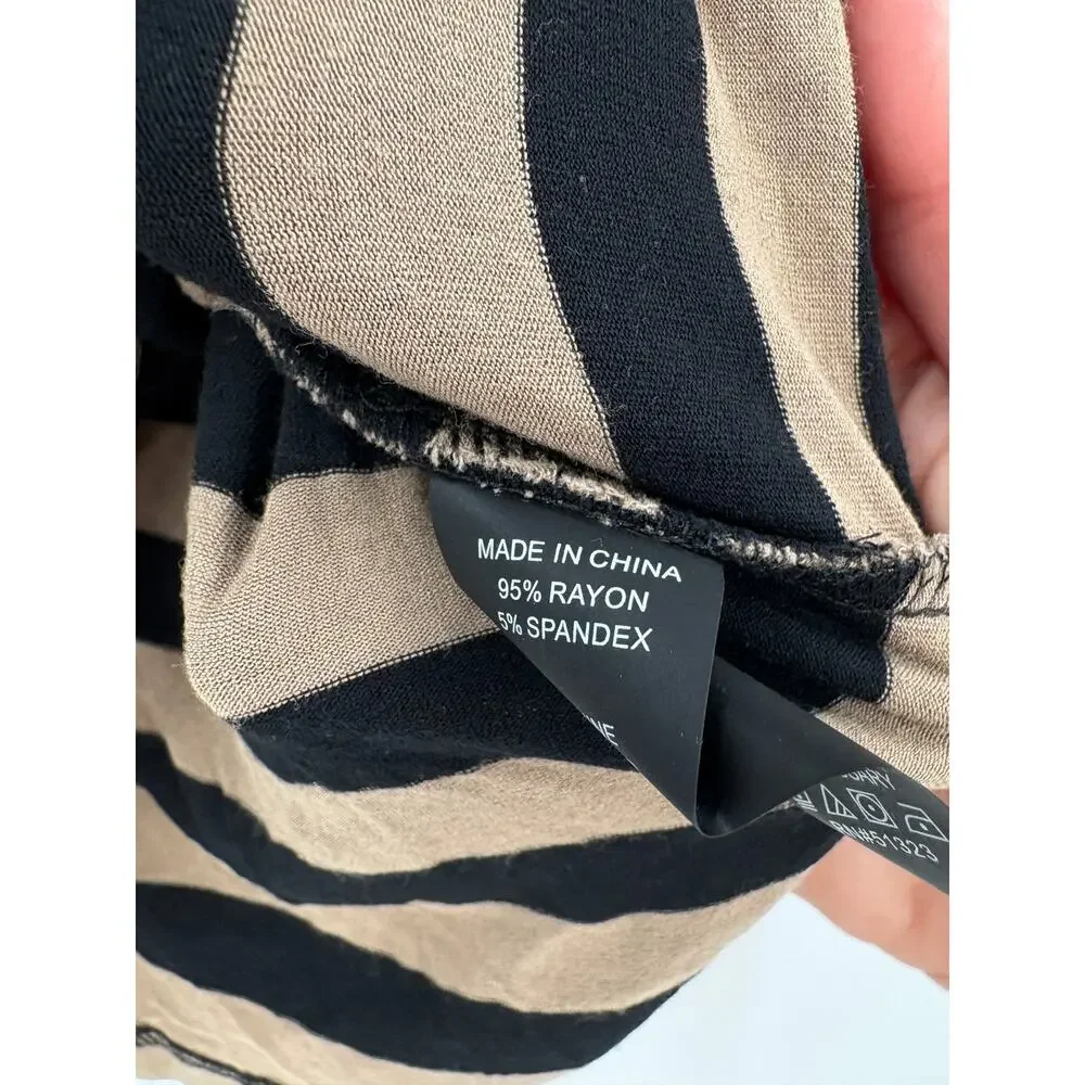 2/$30 VINCE CAMUTO Top Size S Stretch Black Tan Stripe Asymmetrical Blouse - Picture 4 of 5